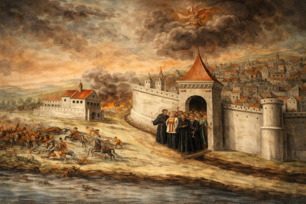 Oblężenie miasta przez wojska Jerzego II Rakoczego w 1657 i procesja z relikwiami św. Wincentego - Fragment oryginalnego obrazu.