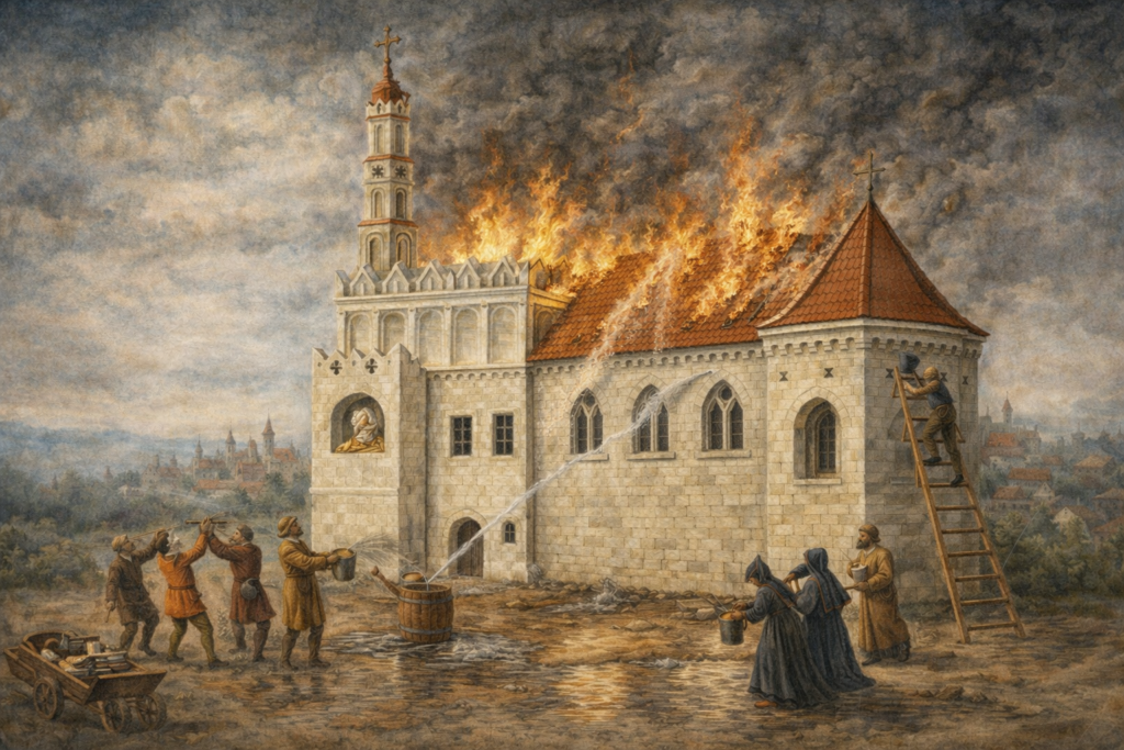 Wiek XIX był dla kościoła serią tragicznych pożarów (1810, 1848, 1864, 1875). Szczególnie dotkliwy był ten z 1864 roku, który zniszczył dachy i hełmy wież.